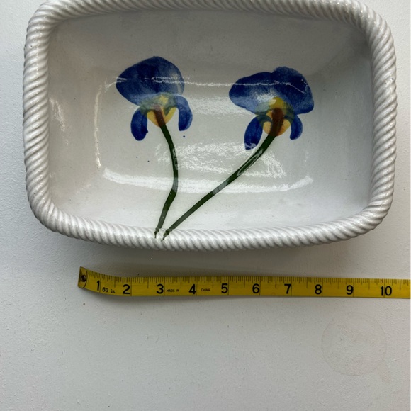 Blue iris handmade off white pottery ribbed edge casserole dish stamped - Picture 6 of 7